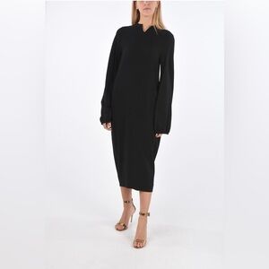 Rochas Sz EU 48 US 12 Black Balloon Long Sleeve Shift Midi Dress v neck Midi